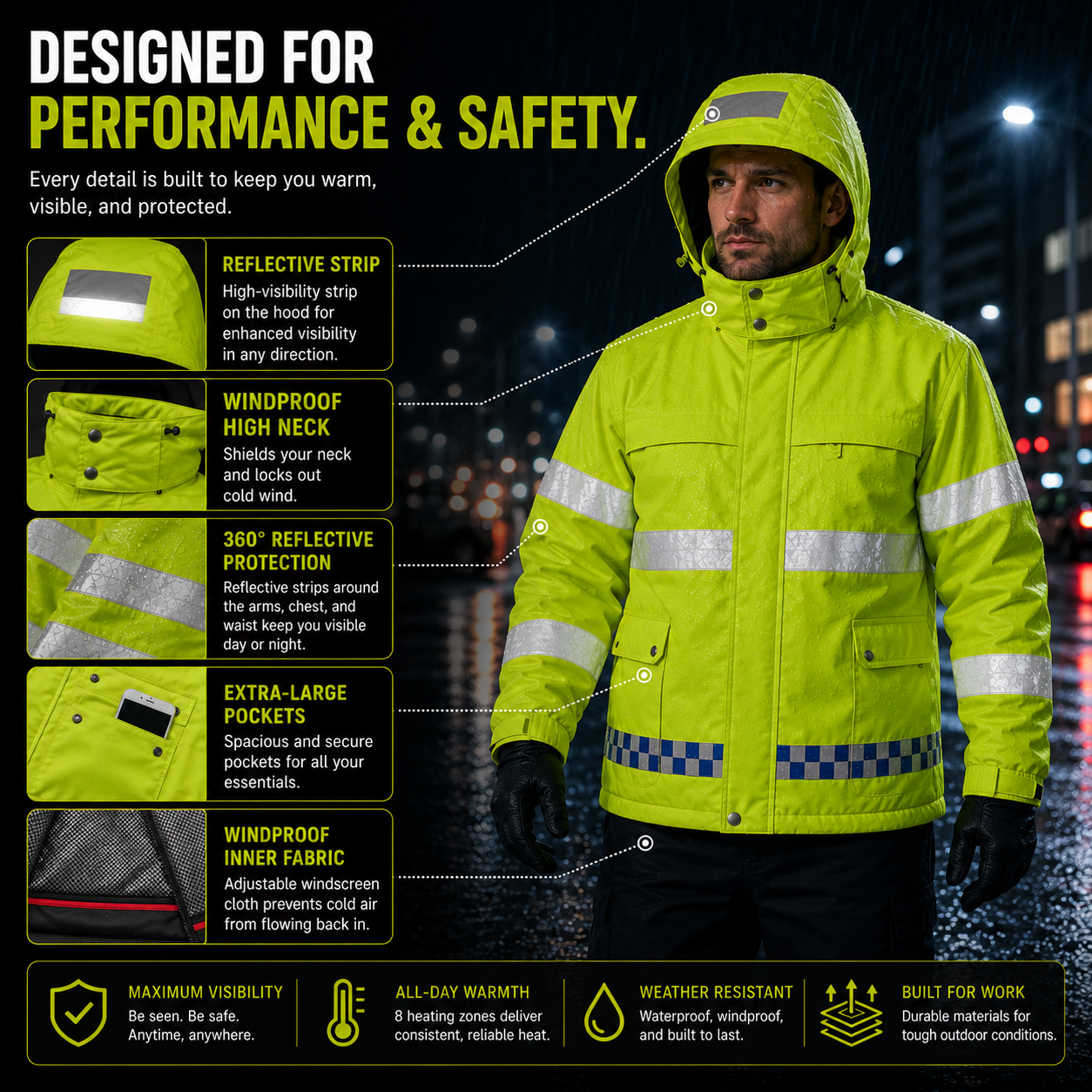 LITEGUEST Smart Heated Reflective Work Jacket for Outdoor Duty