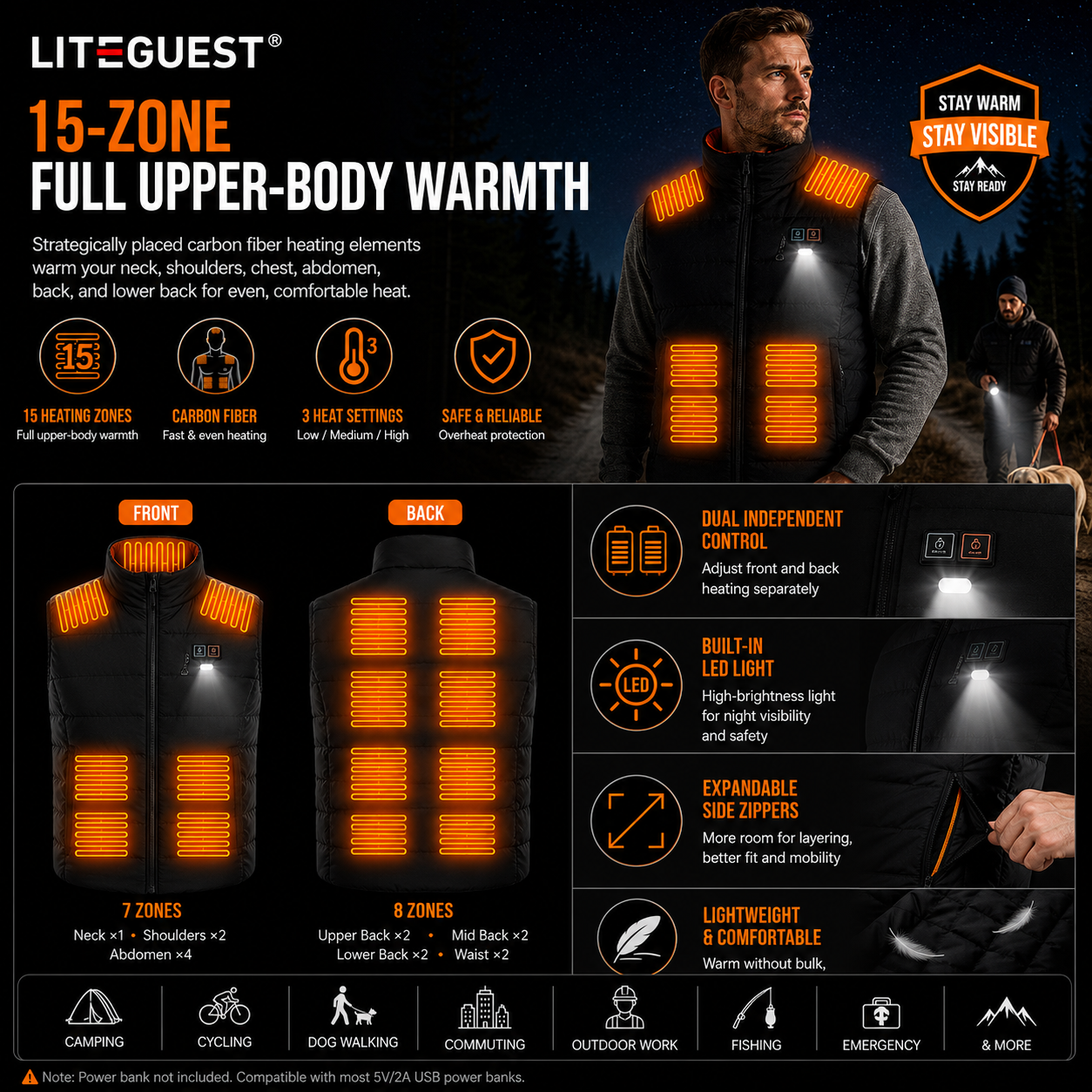 LITEGUEST Heated Vest with LED Light Winter Outdoor Warming Vest