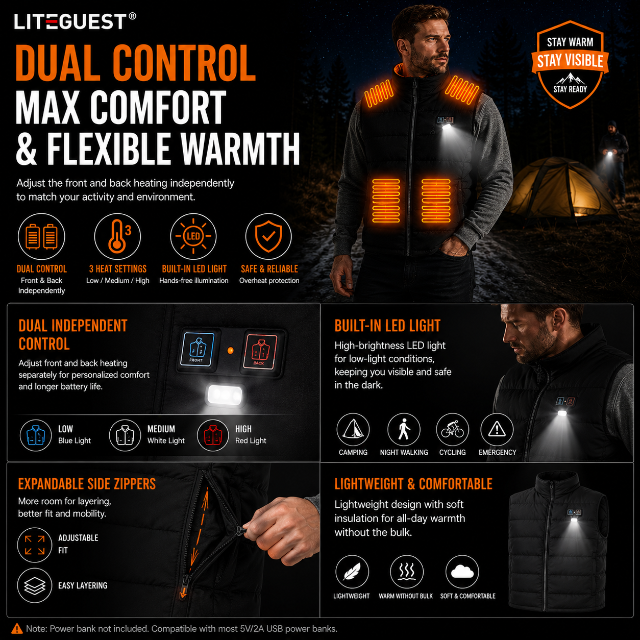 LITEGUEST Heated Vest with LED Light Winter Outdoor Warming Vest