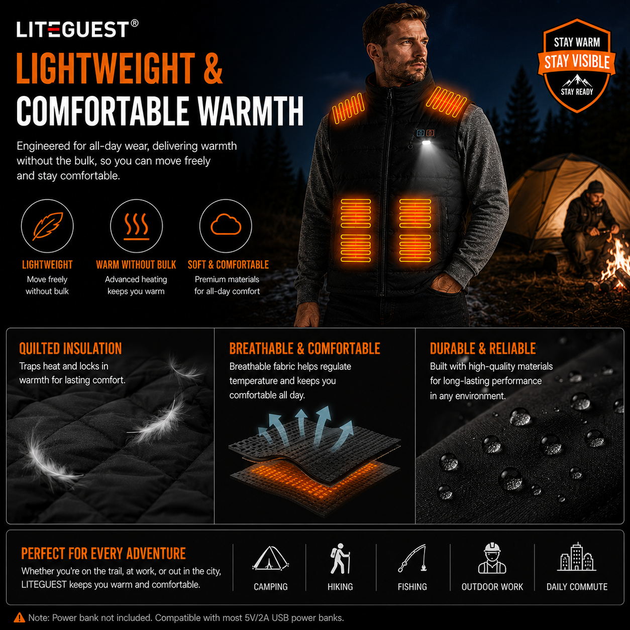 LITEGUEST Heated Vest with LED Light Winter Outdoor Warming Vest