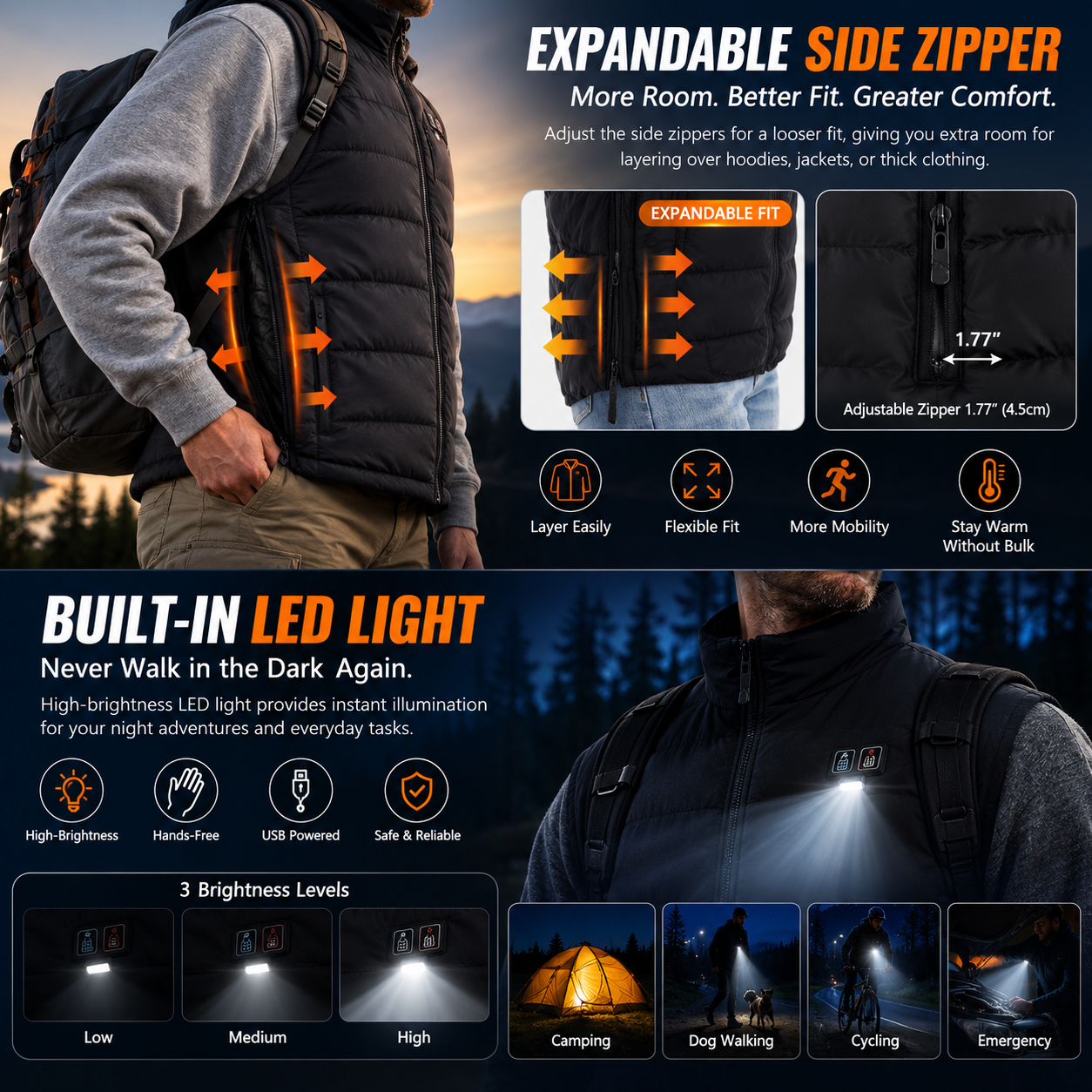 LITEGUEST Heated Vest with LED Light Winter Outdoor Warming Vest