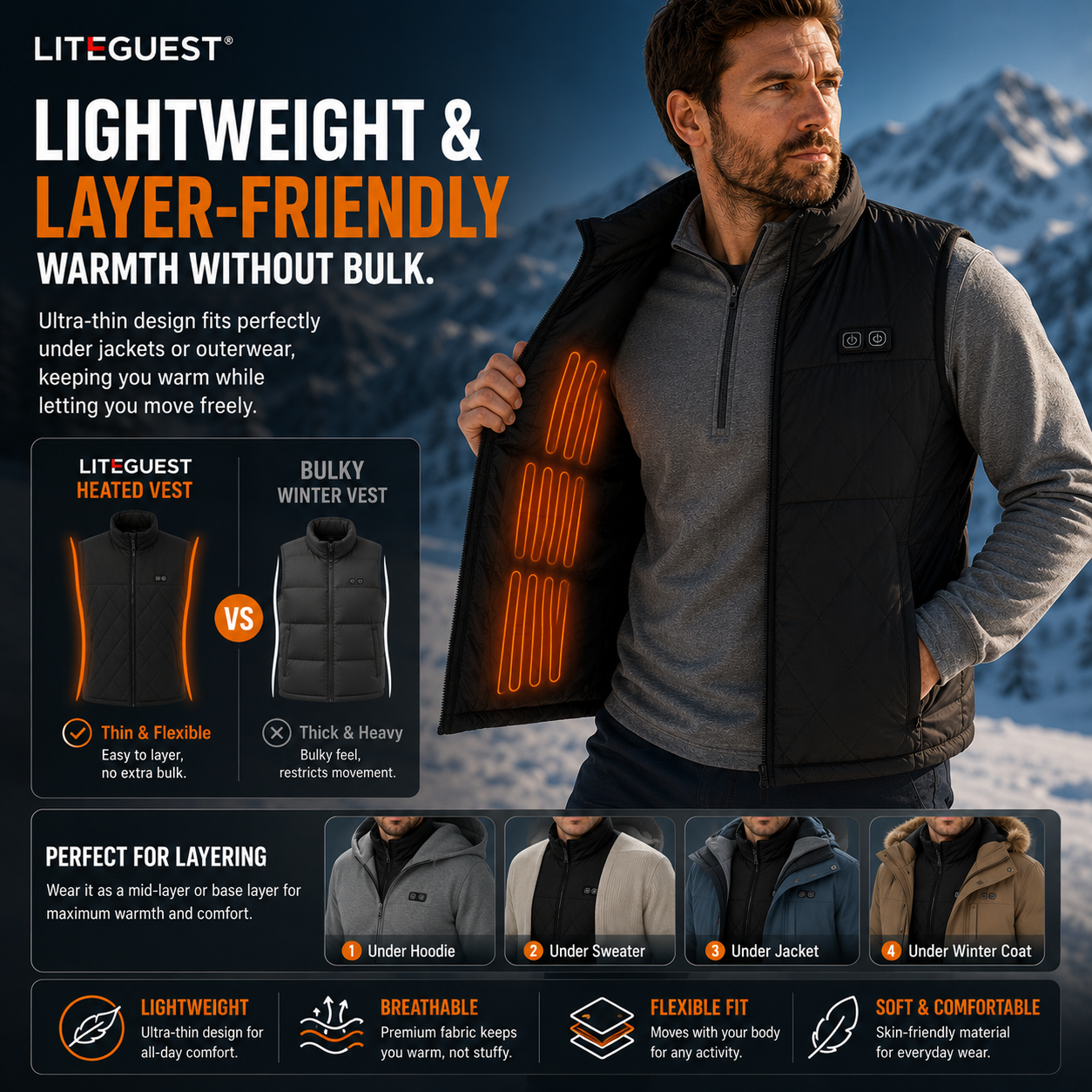 LITEGUEST Dual-Control Heated Vest – 17-Zone USB Heated Winter Vest