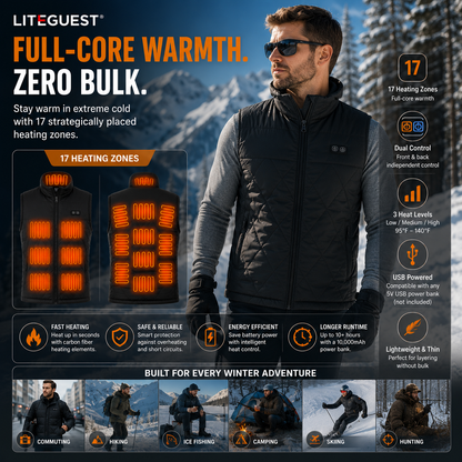 LITEGUEST Dual-Control Heated Vest – 17-Zone USB Heated Winter Vest