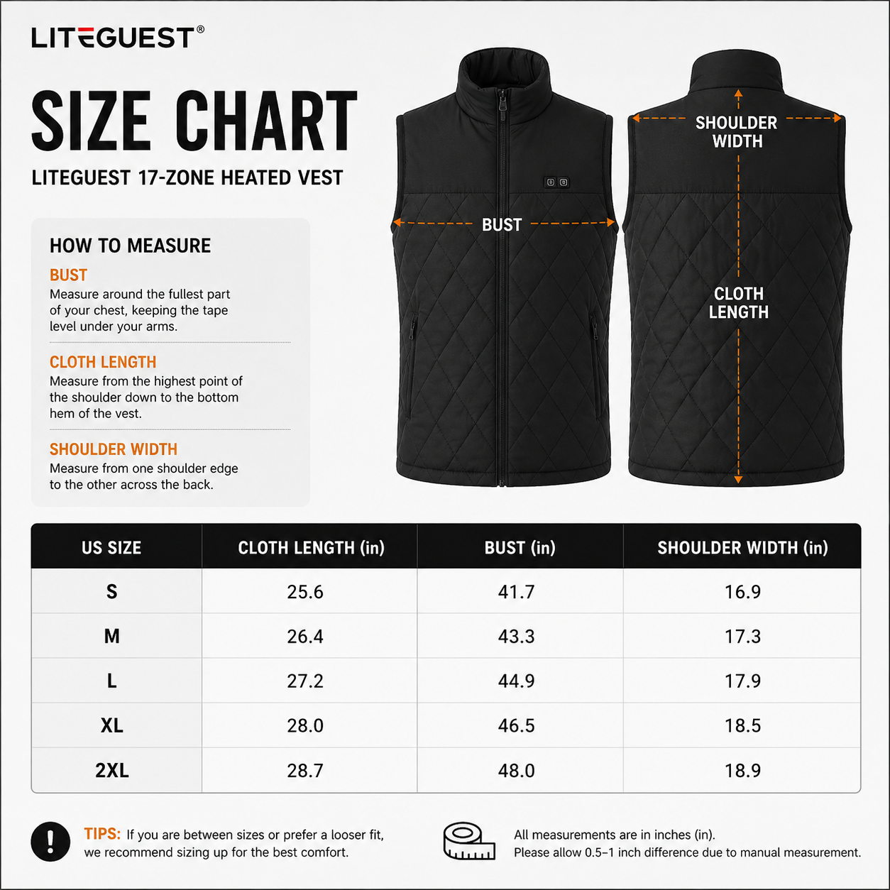 LITEGUEST Dual-Control Heated Vest – 17-Zone USB Heated Winter Vest