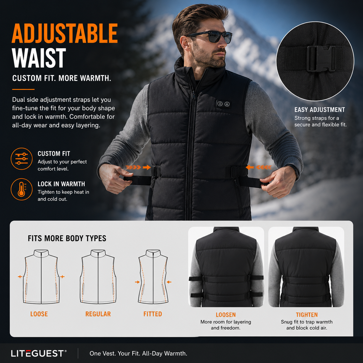 LITEGUEST 8-Zone Dual-Control Adjustable Waist Heated Vest for winter