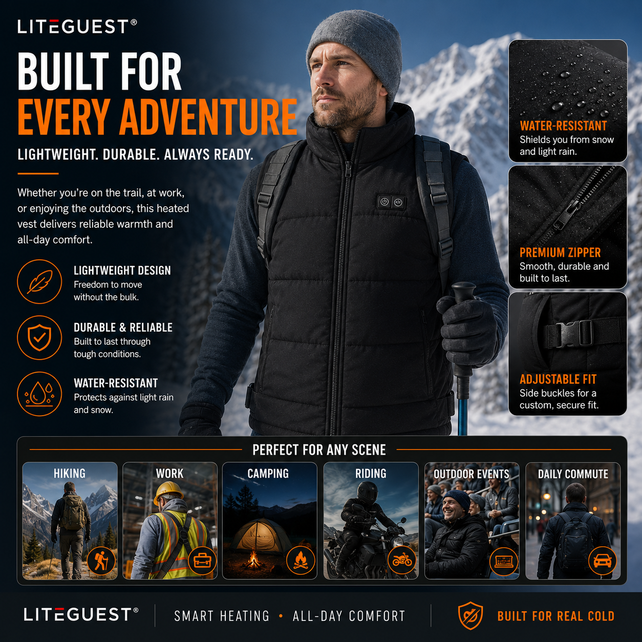 LITEGUEST 8-Zone Dual-Control Adjustable Waist Heated Vest for winter