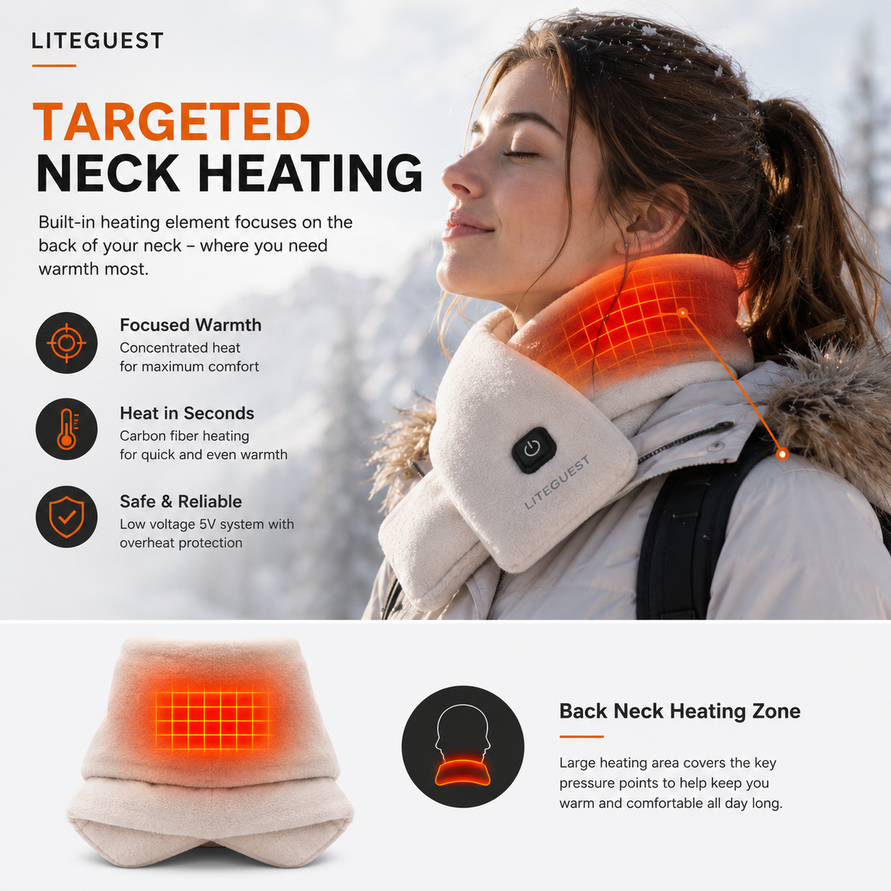 LITEGUEST USB Heated Neck Scarf – Winter Outdoor & Travel Comfort