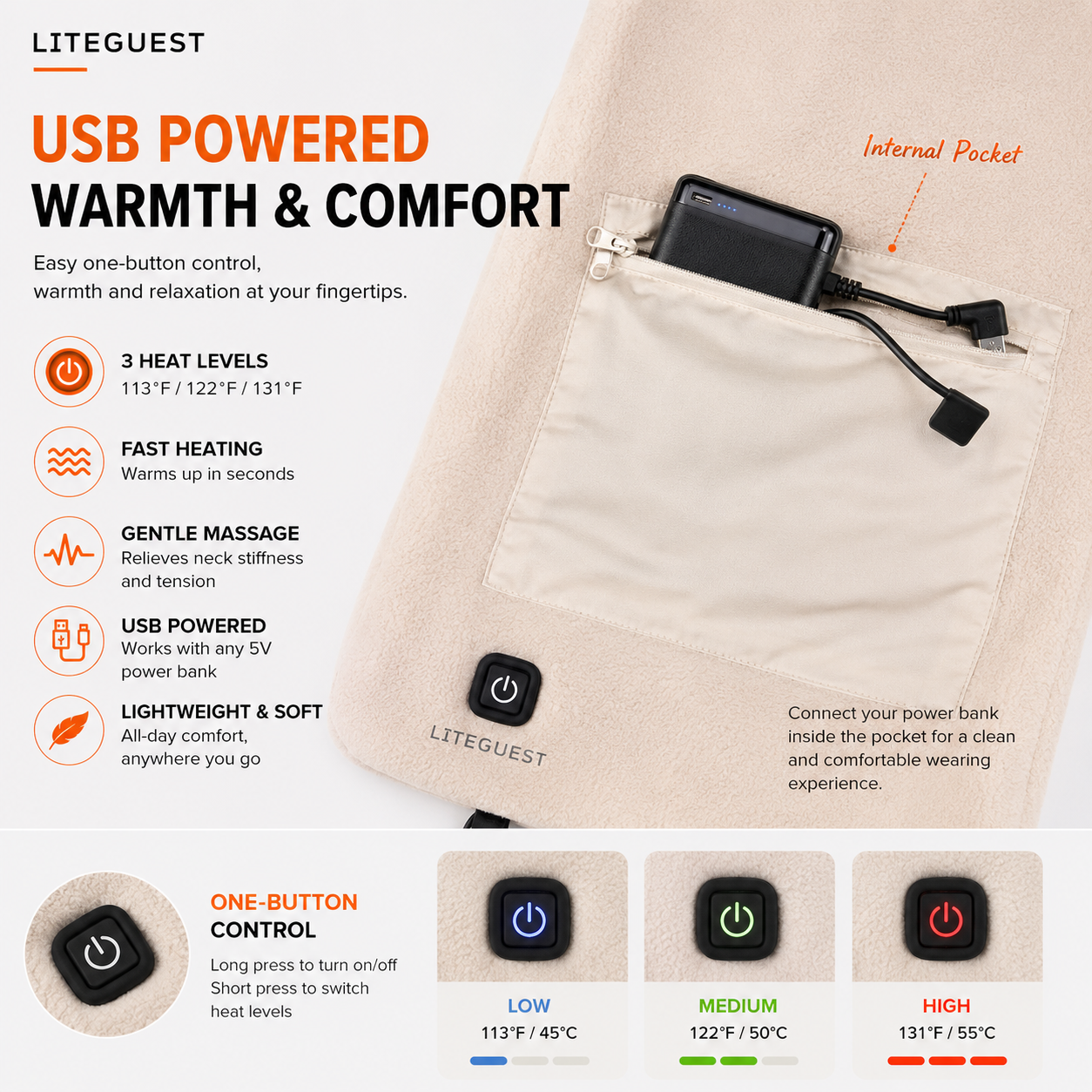 LITEGUEST USB Heated Neck Scarf – Winter Outdoor & Travel Comfort