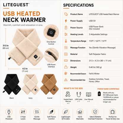 LITEGUEST USB Heated Neck Scarf – Winter Outdoor & Travel Comfort