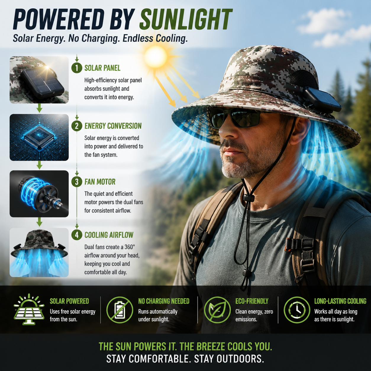 LITEGUEST Solar-Powered Fan Cooling Hat Dual-Fan Wide-Brim Protection
