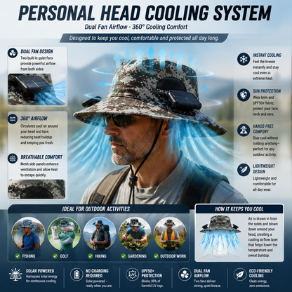 LITEGUEST Solar-Powered Fan Cooling Hat Dual-Fan Wide-Brim Protection