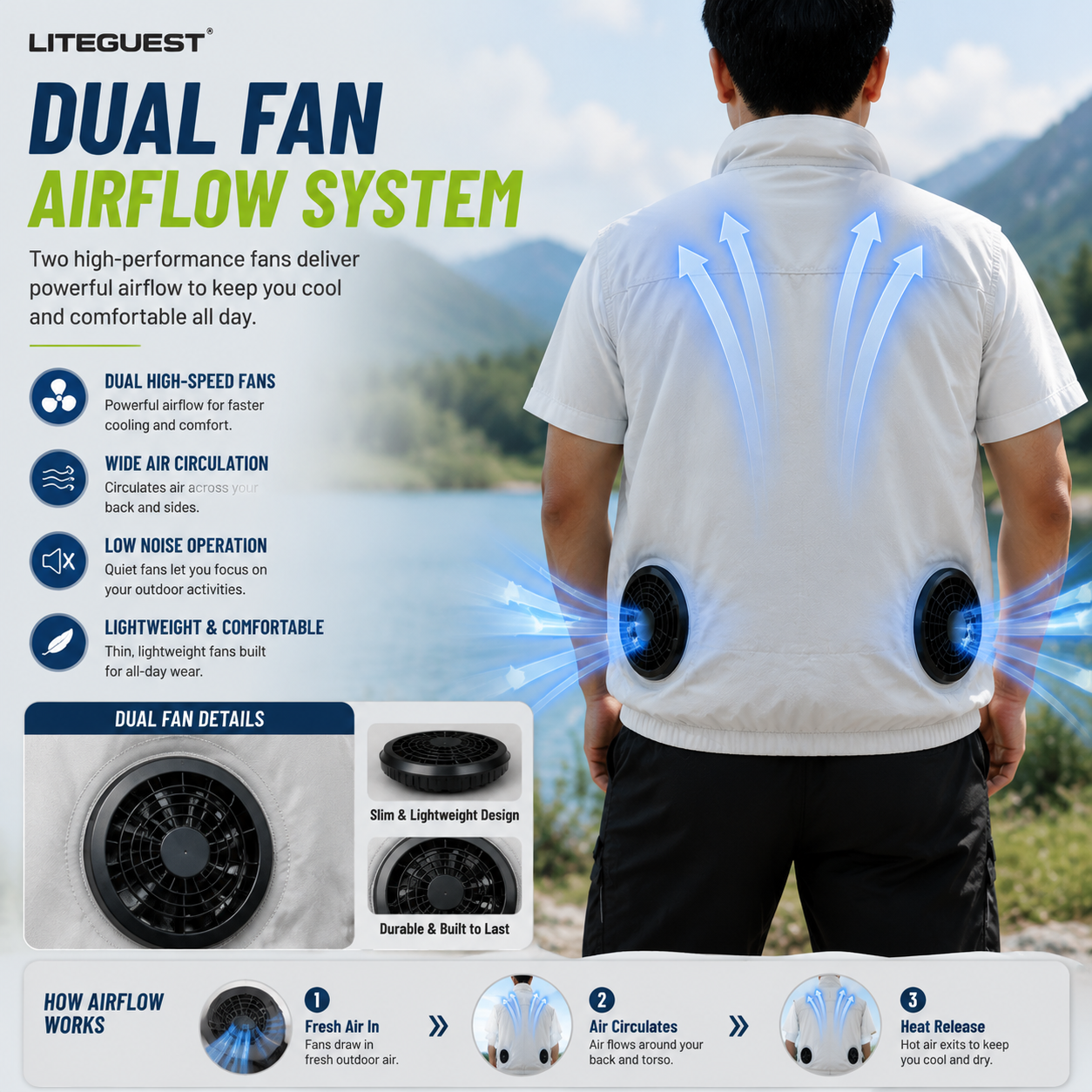 LITEGUEST Cooling Fan Vest Lightweight UPF50 for Outdoor Gear