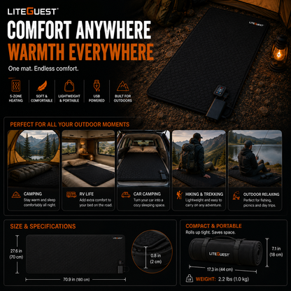 LITEGUEST USB Heated Sleeping Pad Camping Tent Mat for Cold Weather