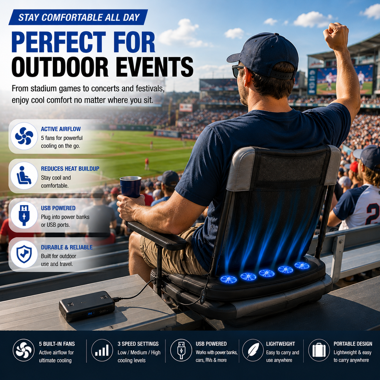 LITEGUEST Cooling Fan Seat Cushion Portable Air Circulation Pad Gear