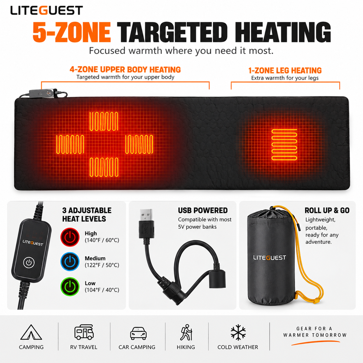 LITEGUEST USB Heated Sleeping Pad Camping Tent Mat for Cold Weather