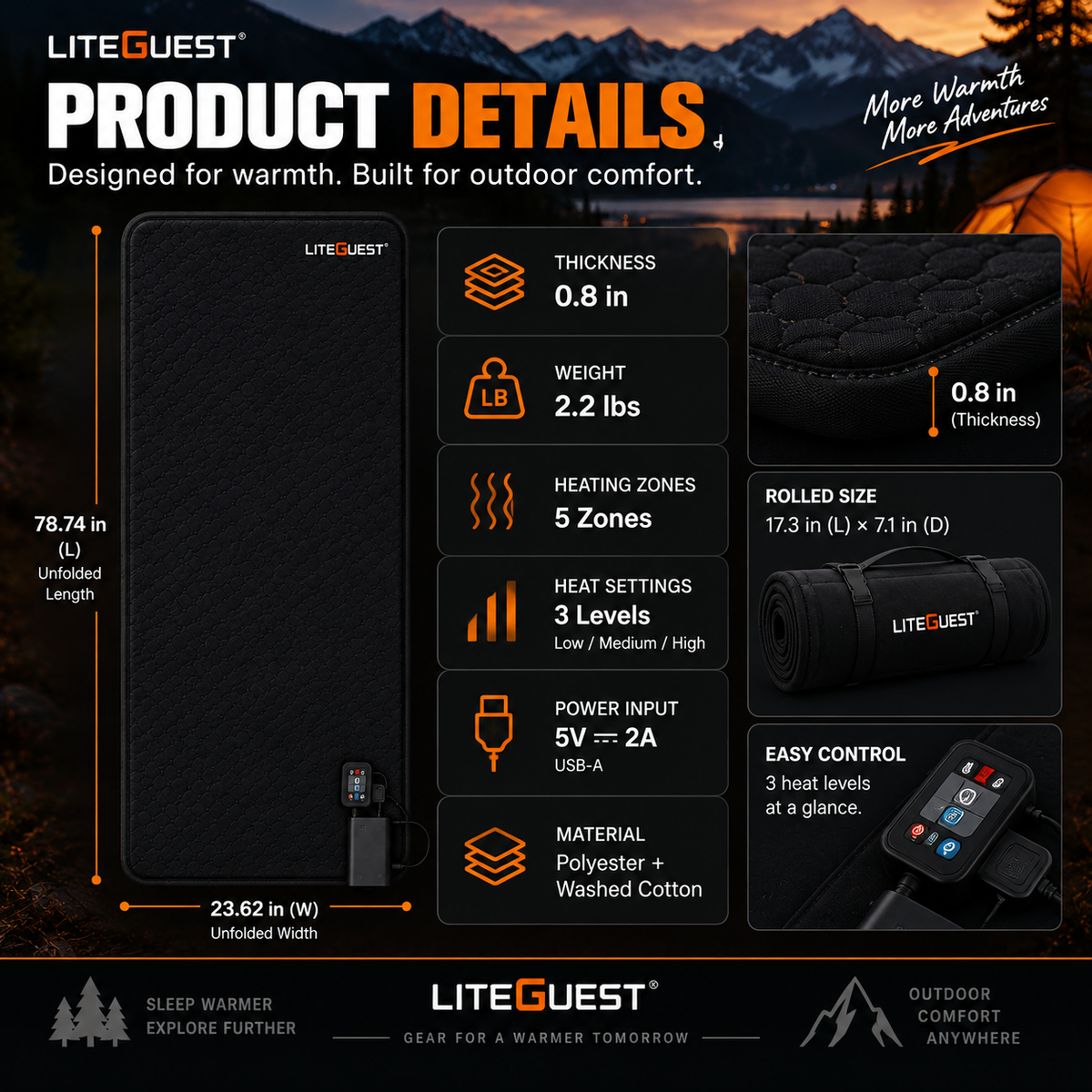 LITEGUEST USB Heated Sleeping Pad Camping Tent Mat for Cold Weather