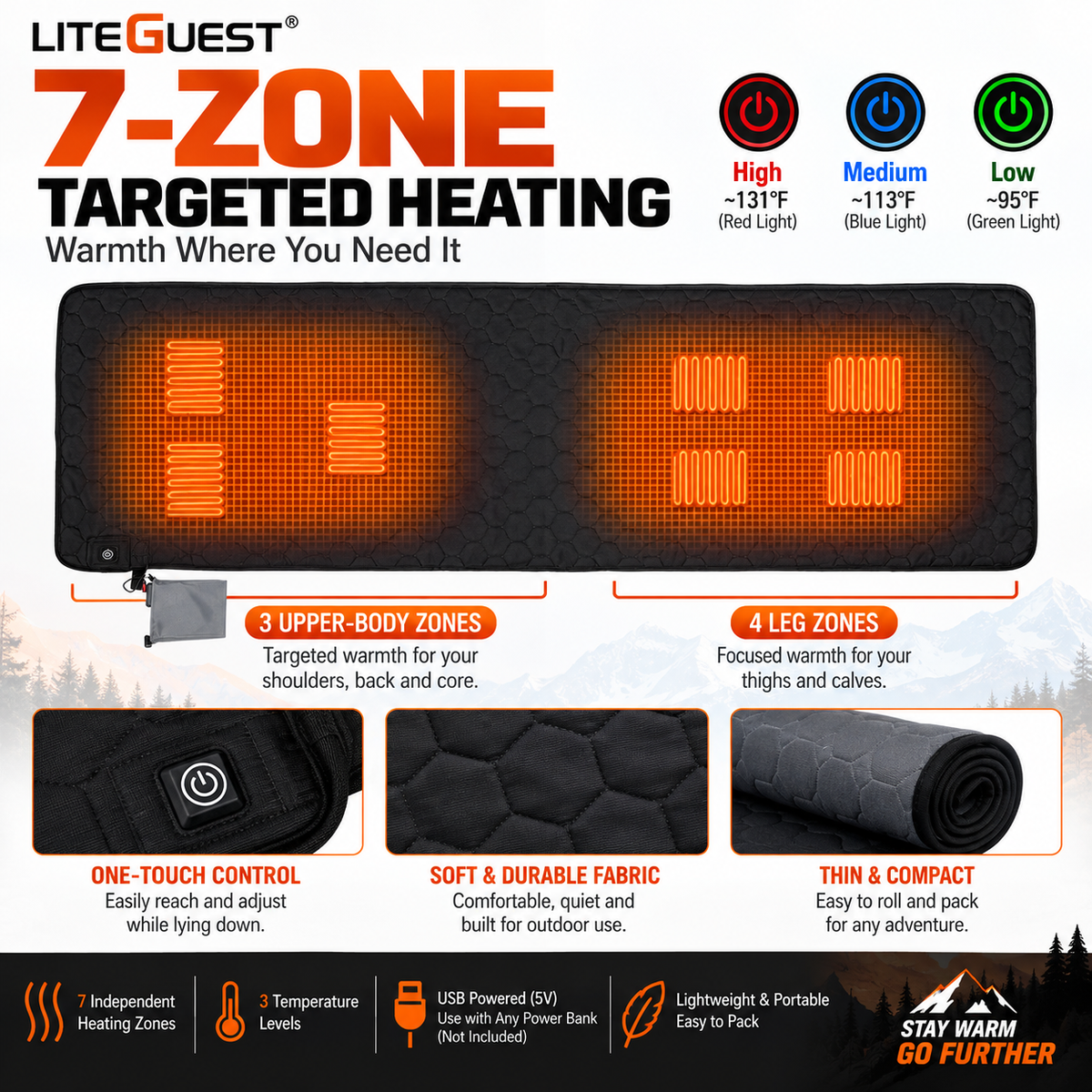 LITEGUEST 7-Zone USB Heated Sleeping Mat for Cold Ground Comfort