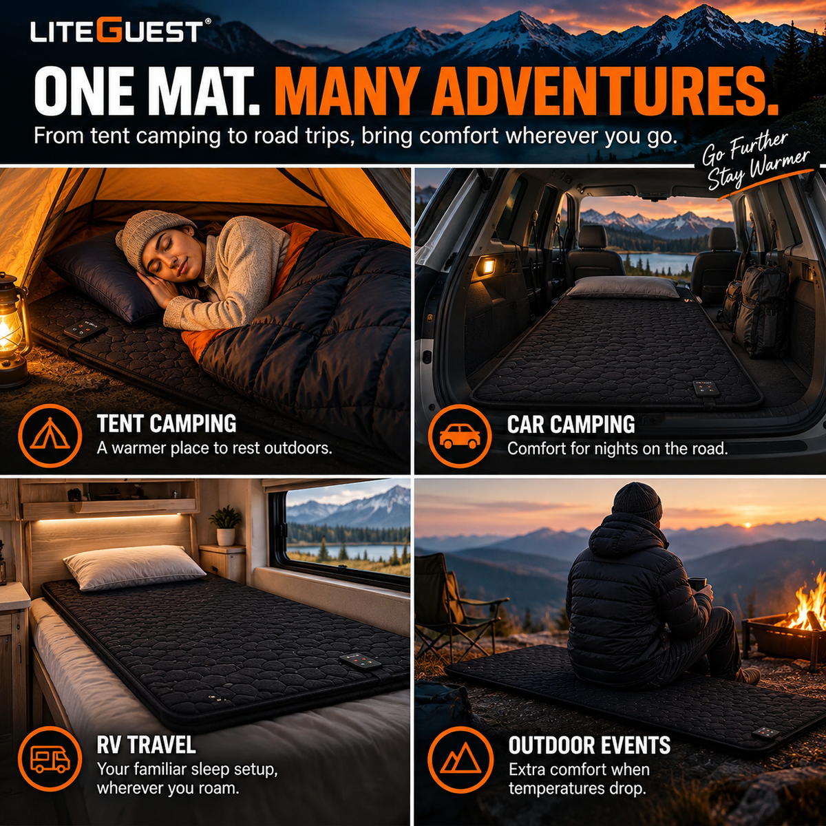 LITEGUEST 7-Zone USB Heated Sleeping Mat for Cold Ground Comfort