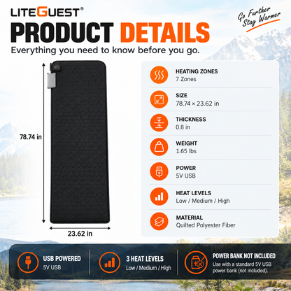 LITEGUEST 7-Zone USB Heated Sleeping Mat for Cold Ground Comfort