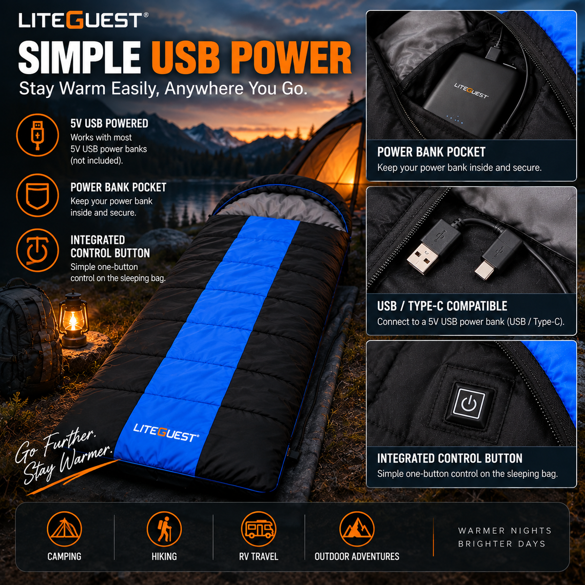 LITEGUEST Winter Heated Single Sleeping Bag 5V Electric Camping Gear