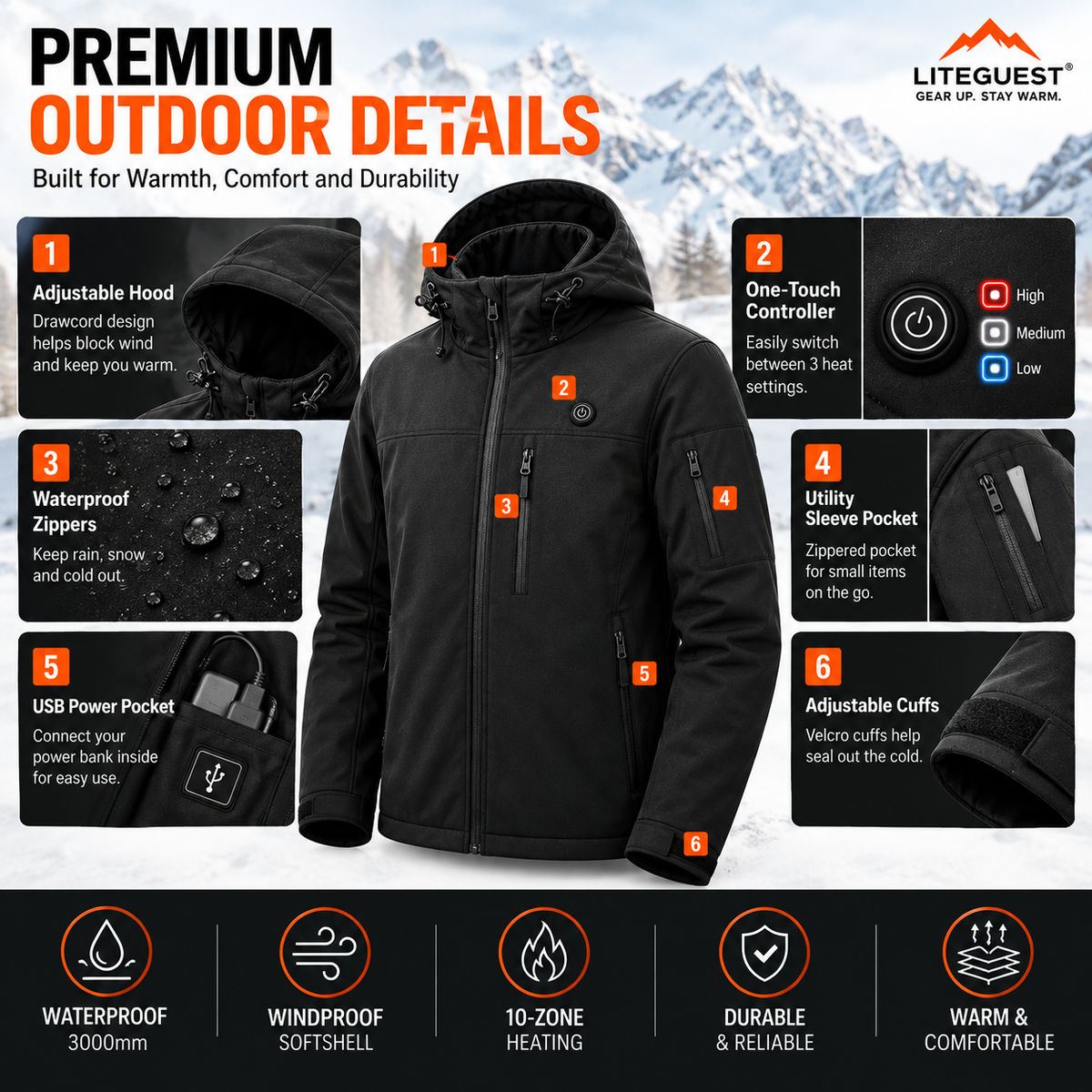 LITEGUEST Softshell 10-Zone Heated Jacket Waterproof for Winter