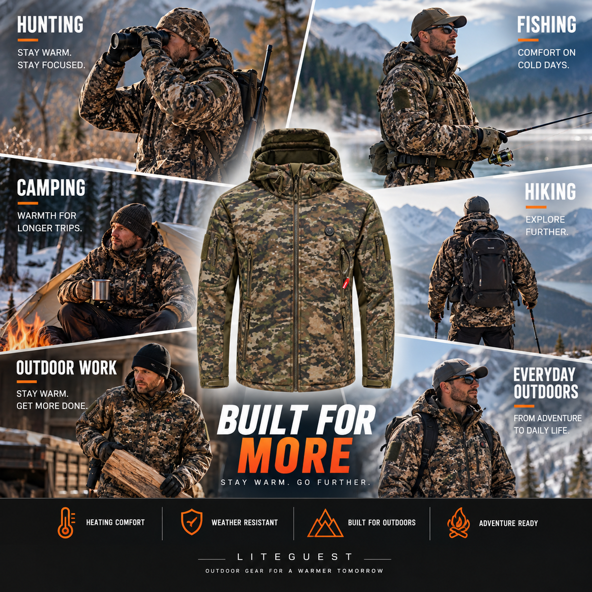 LITEGUEST Heated Camouflage Jacket  Waterproof Outdoor for Winter