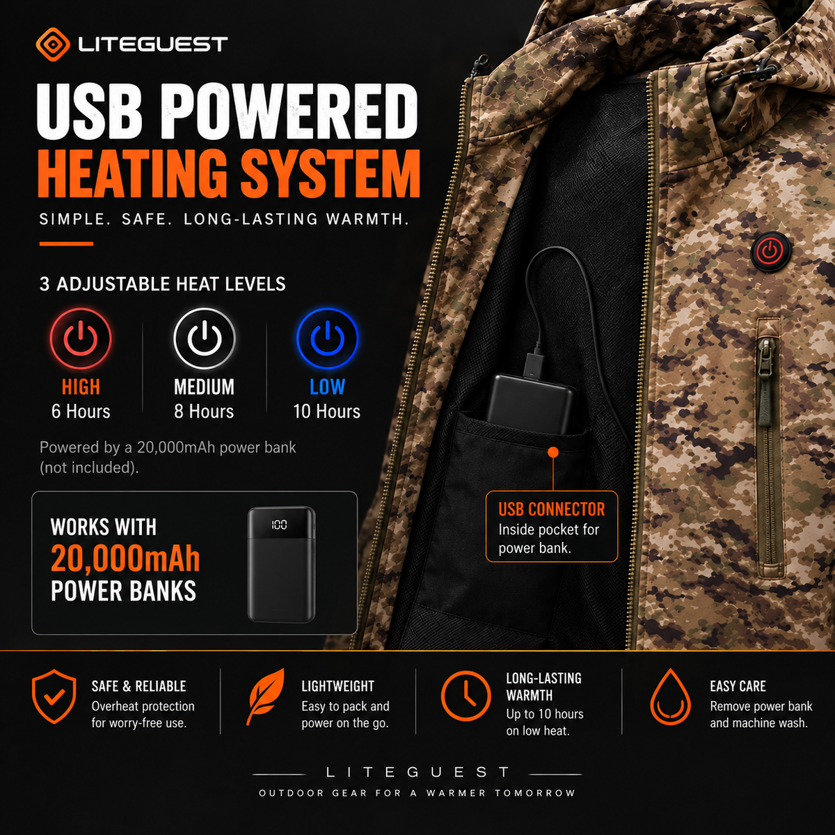 LITEGUEST Heated Camouflage Jacket  Waterproof Outdoor for Winter