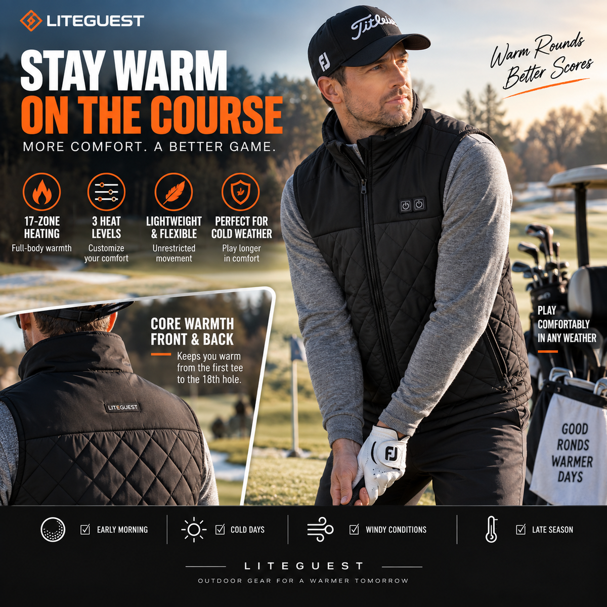 LITEGUEST Dual-Control Heated Vest – 17-Zone USB Heated Winter Vest