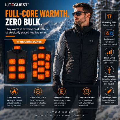 LITEGUEST Dual-Control Heated Vest – 17-Zone USB Heated Winter Vest