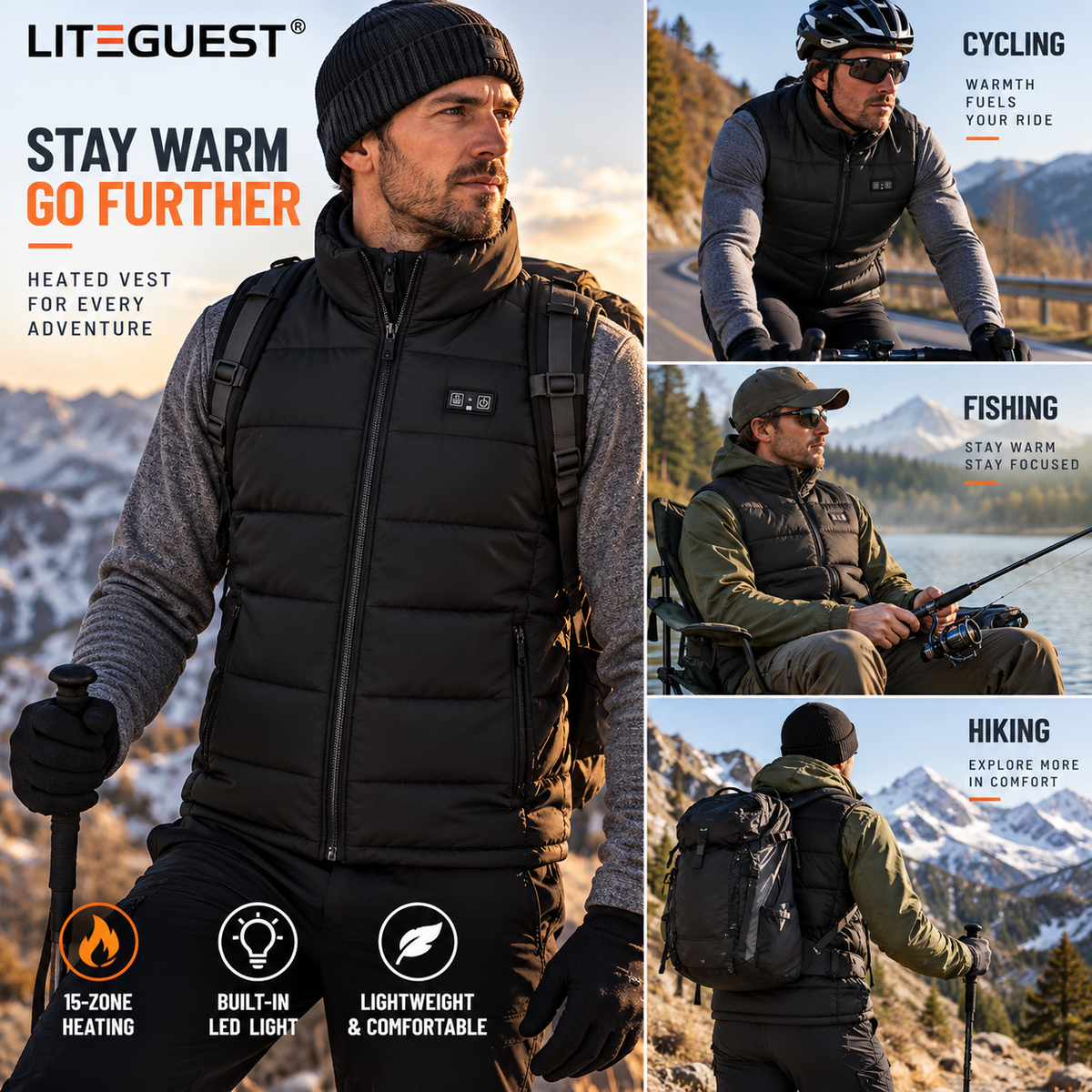 LITEGUEST Heated Vest with LED Light Winter Outdoor Warming Vest