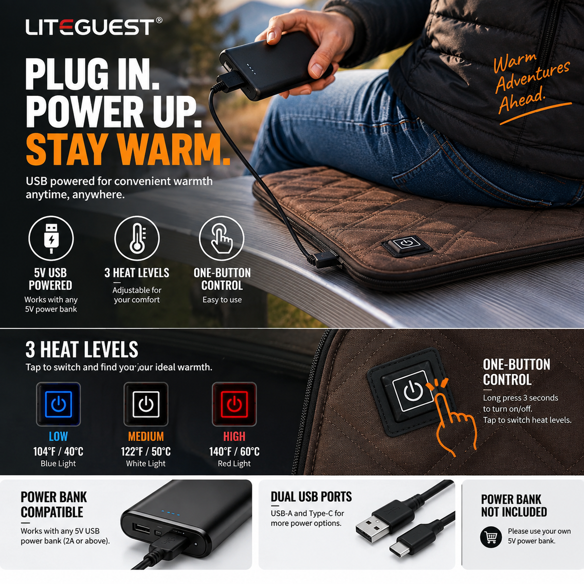 LITEGUEST Heated Seat Cushion Portable Warmth for Outdoor Use