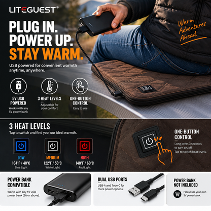 LITEGUEST Heated Seat Cushion Portable Warmth for Outdoor Use
