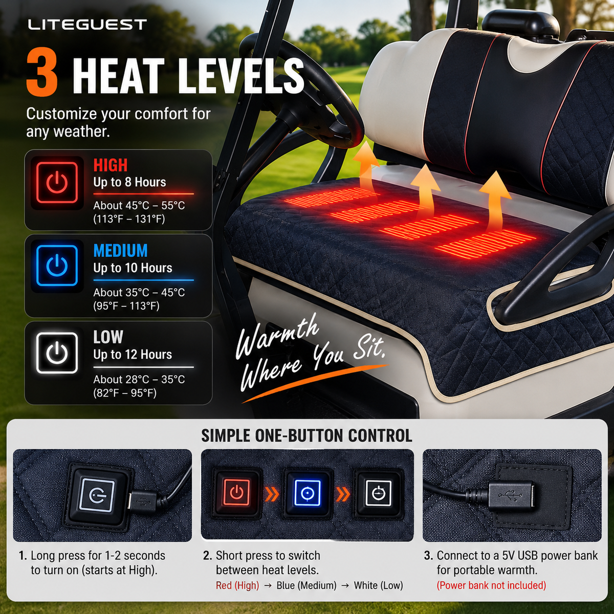 LITEGUEST USB Heated Golf Cart Seat Cushion Winter Warmth Essential