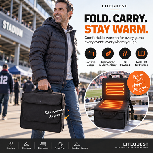 LITEGUEST USB Heated Stadium Seat Cushion Foldable Portable Chair Pad