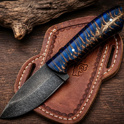 Frontier Cowboy Gear The Jesse James – Custom Handmade Acid Washed Rasp Steel Knife with Blue Epoxy Pine Cone Resin Handle & Leather Sheath