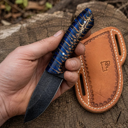 Frontier Cowboy Gear The Jesse James – Custom Handmade Acid Washed Rasp Steel Knife with Blue Epoxy Pine Cone Resin Handle & Leather Sheath