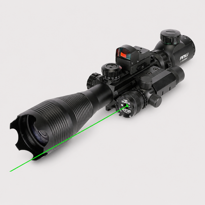 Pinty 4-in-1 Rifle Scope Combo, 4-16*50mm Rangefinder Scope, Green Laser, Red Dot Sight, Boresighter
