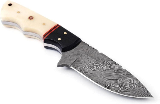 Texan Knives Custom Handmade 4.5" Damascus Steel Skinning Knife – Buffalo Horn and Camel Bone Handle