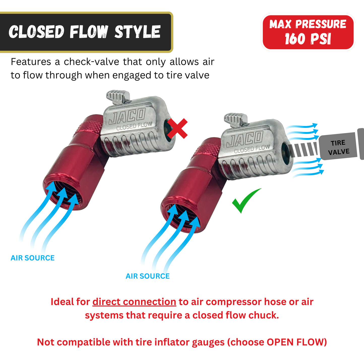 Jaco Lightning™ L2-Series Tire Air Chuck | Open Flow, 1/4" F-NPT (2 Pack)