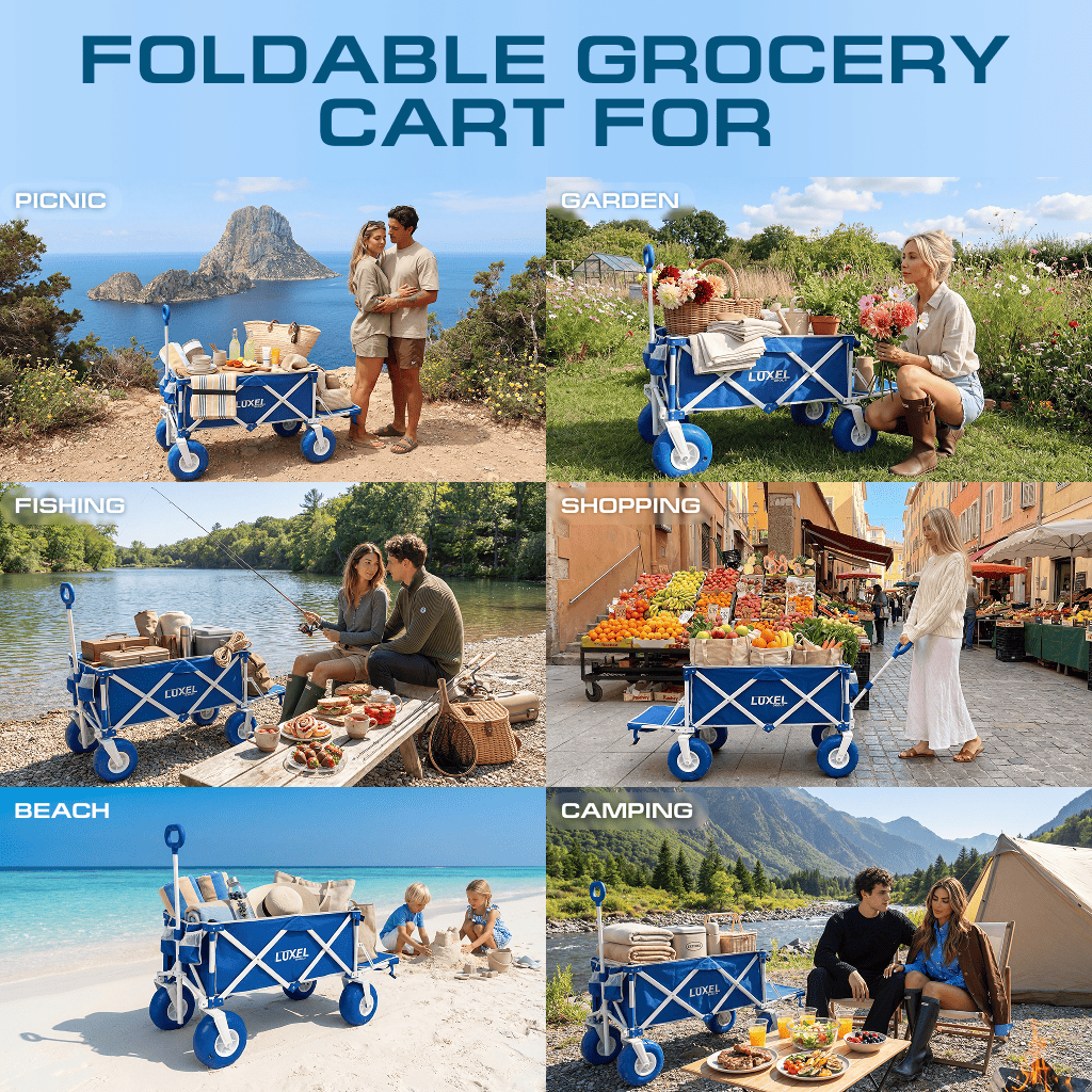Luxel Carts Beach Wagon Cart with Big Wheels – Foldable Utility Wagon Blue