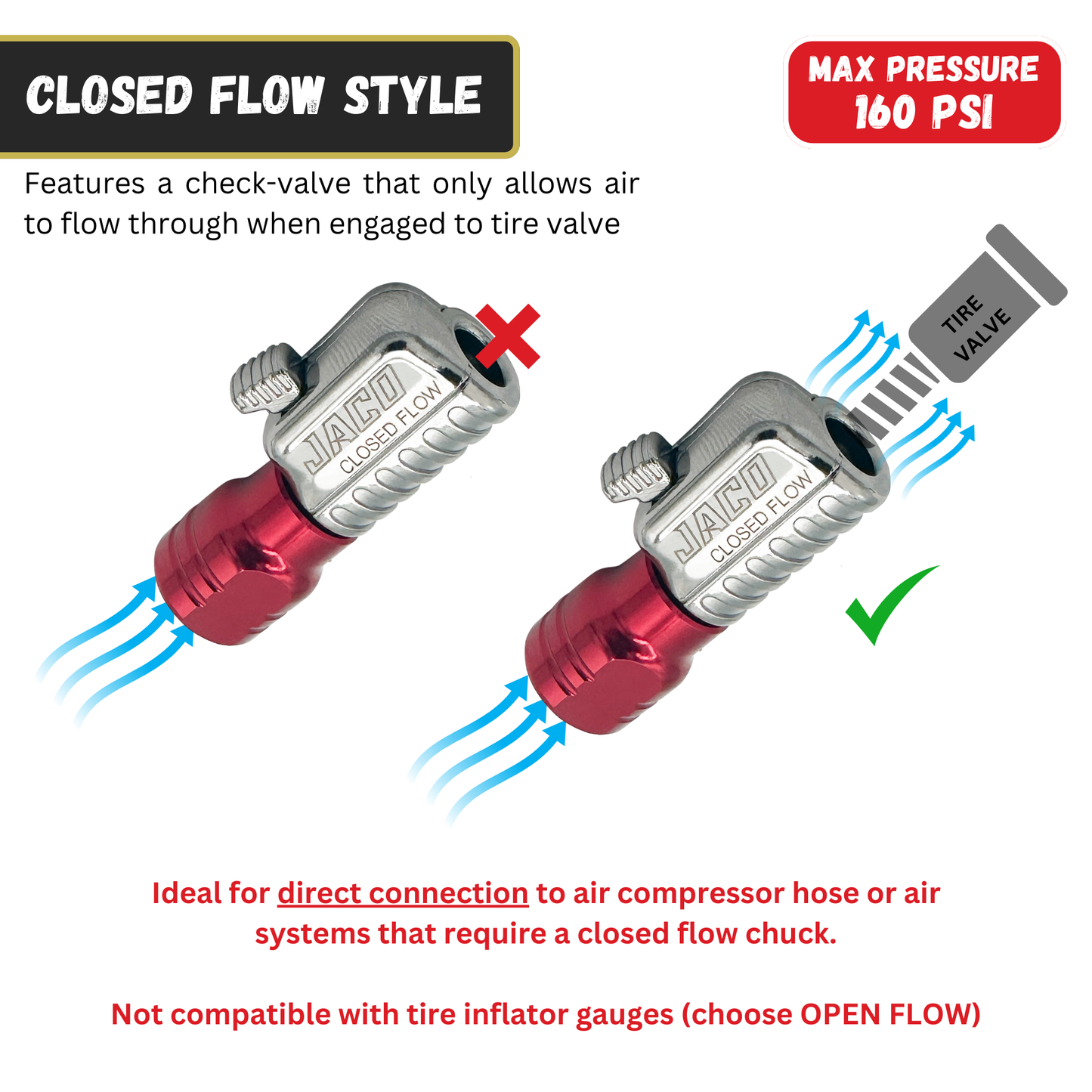 Jaco Lightning™ S2-Series Tire Air Chuck | Open Flow, 1/4" F-NPT (2 Pack)