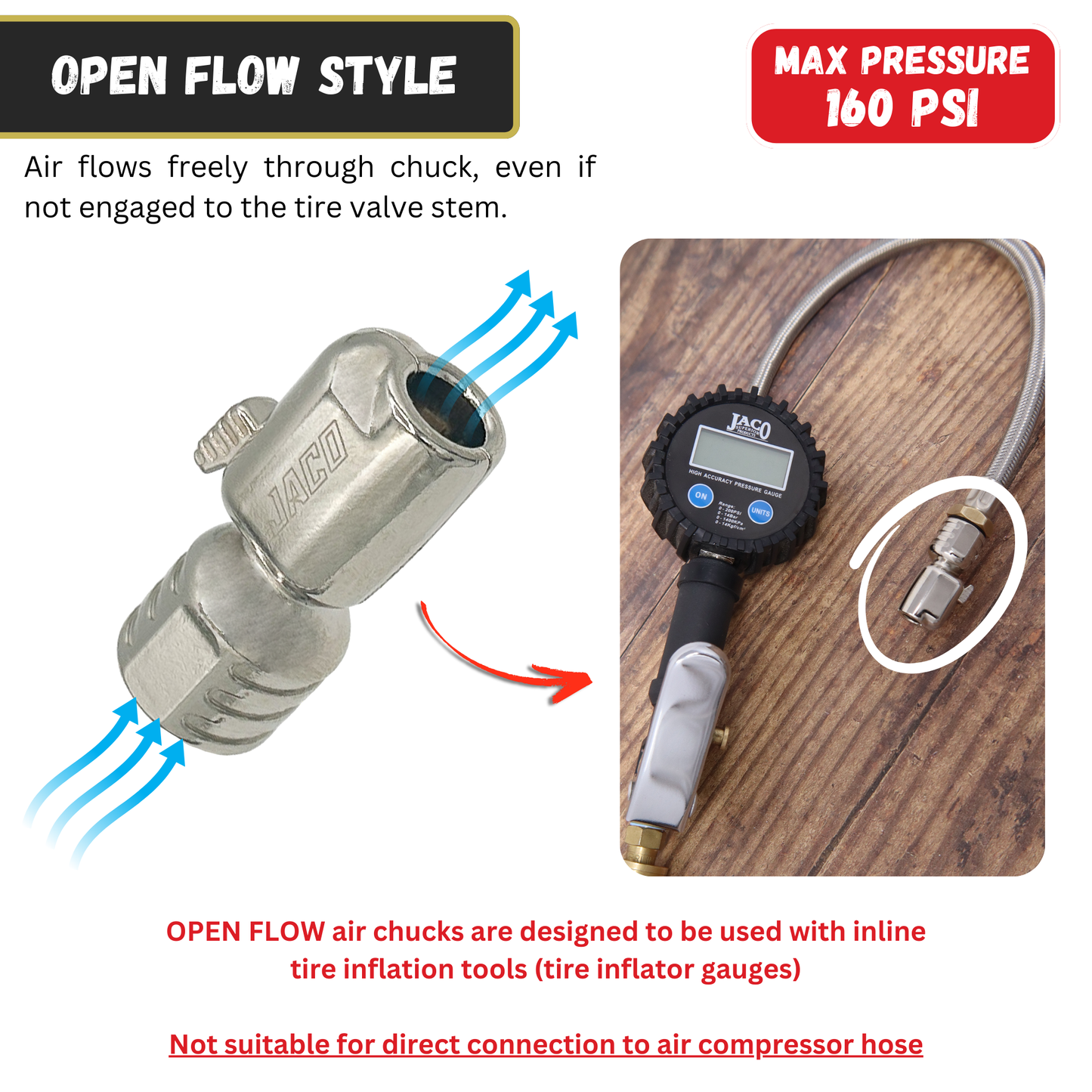 Jaco Lightning™ S-Series Tire Air Chuck | Open Flow, 1/4" F-NPT (2 Pack)