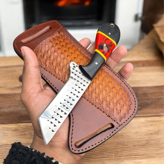 Texan Knives Premium Cowboy Bull Cutter Knife – 8" Rasp Tool Steel Tanto Blade with Resin/G10 Handle & Ranch Pancake Sheath