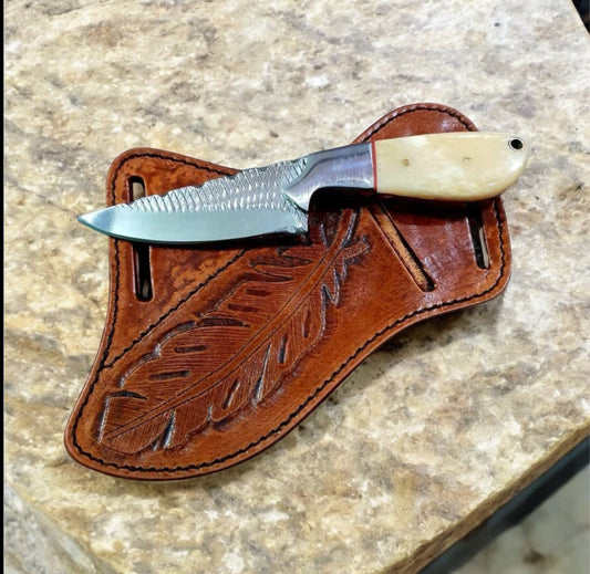 Texan Knives Crass Draw Ranch Cowboy Knife – Western Camel Bone Handle & Leather Sheath