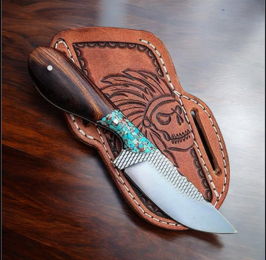 Texan Knives Custom Everyday Carry Knife - 9" Blade, Rasp Tool Steel, Rosewood & Stone Handle, Leather Case