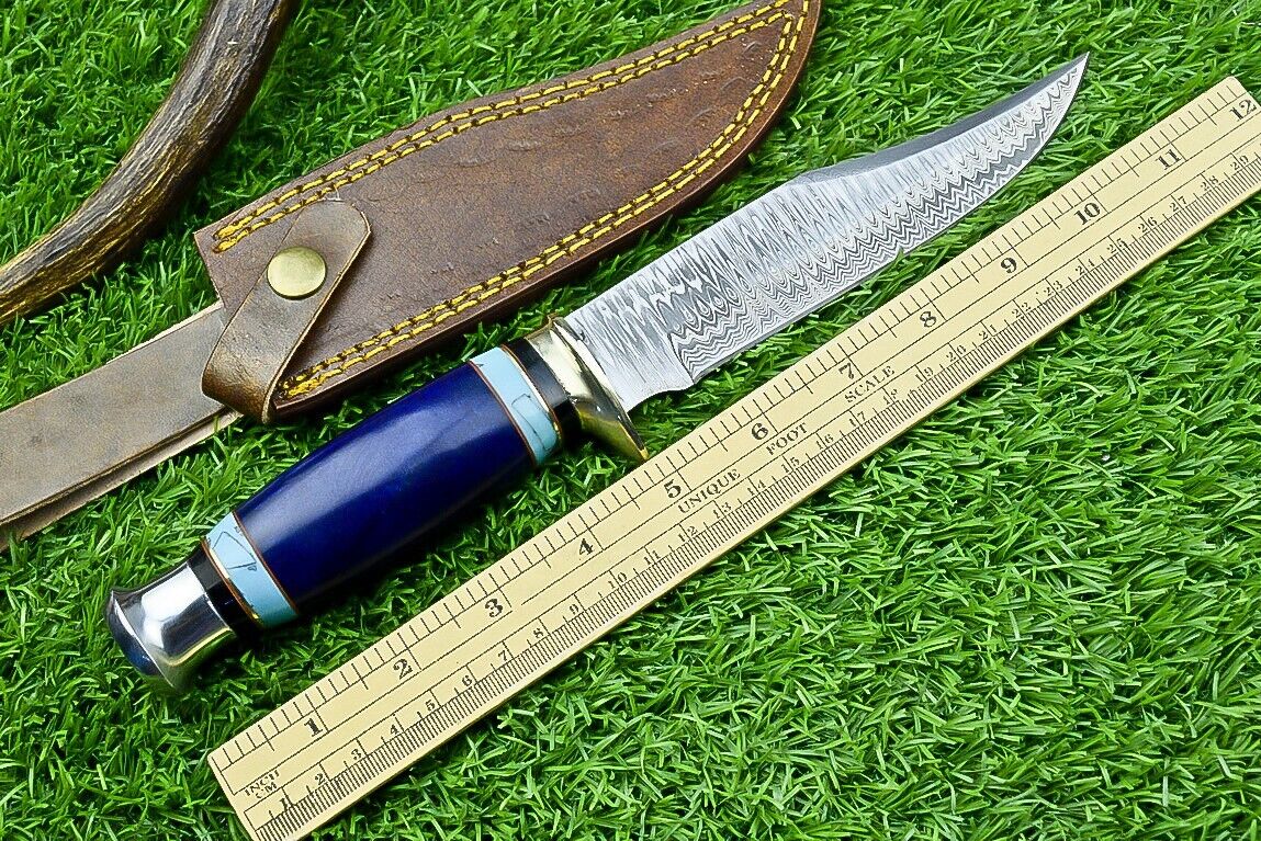 Texan Knives Western Boulder Colorado Knife – 11" Handmade Damascus Steel Blade with Epoxy Resin Handle & Leather Sheath