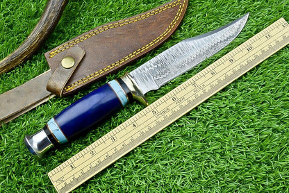 Texan Knives Western Boulder Colorado Knife – 11" Handmade Damascus Steel Blade with Epoxy Resin Handle & Leather Sheath