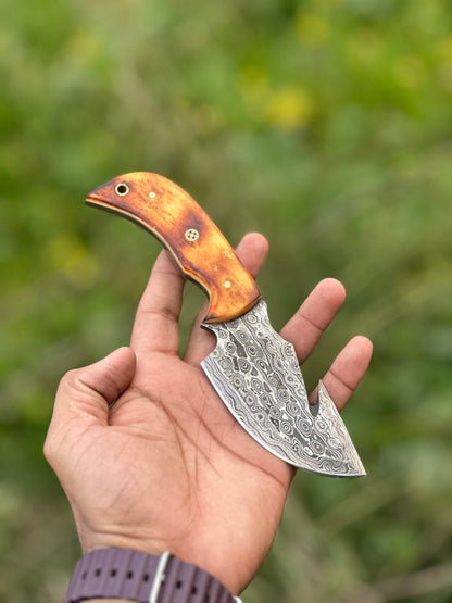 Texan Knives Custom Handmade Damascus Steel Guthook Skinning Knife with Camel Bone Handle - 7.5” Blade with Leather Sheath