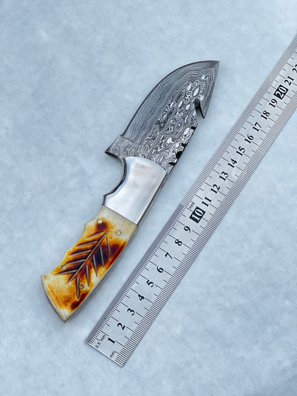 Texan Knives Damascus Steel Fixed Blade Knife with Camel Bone & Rosewood Handle - 7.5" Custom Pocket Knife with Leather Sheath