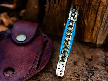 Texan Knives Custom Handmade Fish Style Damascus Steel Folding Knife with Epoxy Resin Handle & Brass Accents - Includes Leather Sheath